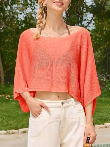 Saodimallsu Womens Crochet Cover Ups Batwing Sleeve Sweater Crop Tops Lightweight Summer Boho Knit Sheer Poncho Top