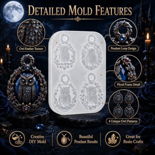 4-Cavity Floral Wreath Owl Pendant Resin Silicone Mold with Hanging Hole, Vintage Cameo Owl Epoxy Resin Casting Mould, DIY Necklace Charm Mold for Halloween Christmas Handmade Jewelry Craft (MT02)