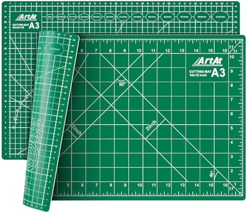 ArtAt Self Healing Cutting Mat: 12″x 18″ Green Double Sided Non-Slip 5 Layers PVC Durable Craft Sewing A3 Mat for Rotary Cutter, Use for Quilting and Scrapbooking and Craft & Art Projects…