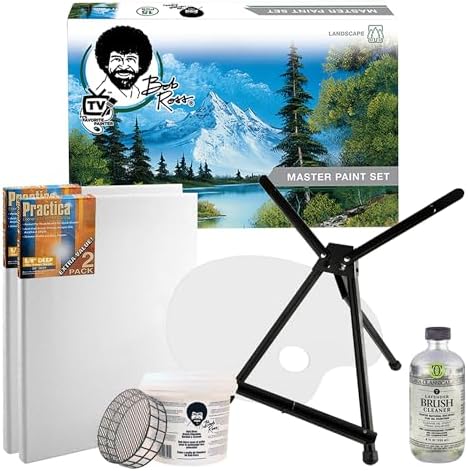 Jerry's Artarama Exclusive Set of 6 Bob Ross Oil Painting Set with Easel, 8oz Lavender Brush Cleaner, Acrylic Palette, Brushes, Canvases, and Cleaning Bucket and Screen