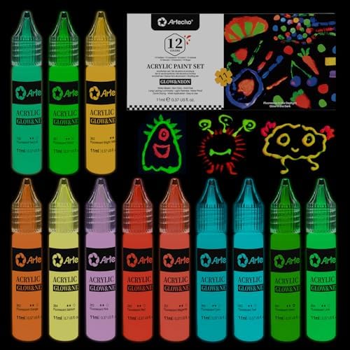 Artecho Glow in the Dark Acrylic Paint Set – 12 Colors x 11ml (0.37oz) | Non-Toxic Waterproof Art Supplies for Canvas Rock Wood Fabric – Rich Pigment Craft Paint for Adults & Hobbyists