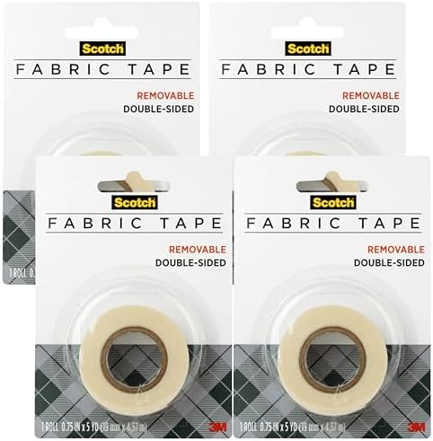Scotch Removable Fabric Tape, 3/4 in x 180 in (15 ft), 4 Rolls – Double-Sided Hemming and Fabric Repair Tape for Clothes, Crafts, Costumes, and Décor, No-Sew, Reusable, Removable and Fabric-Safe