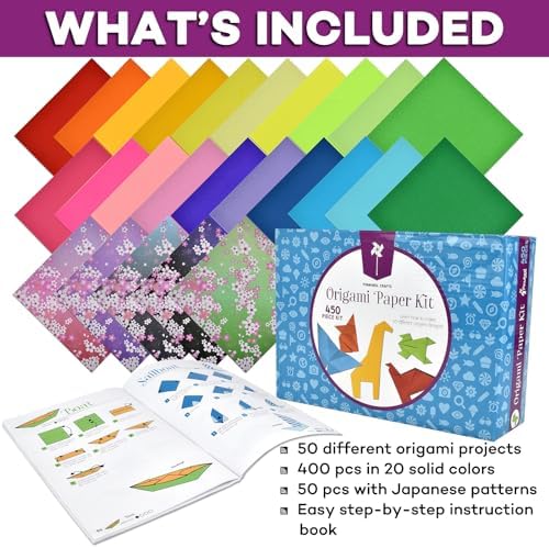 Pinwheel Crafts Origami Kit for Kids Ages 5-12 with 450 Sheets, 50 Projects | 400 solid color sheets in 20 colors, 50 Japanese pattern sheets, 50 projects, guide book, 6x6 inch double sided