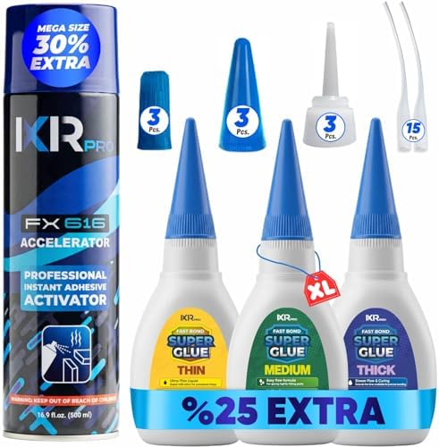 CA Glue with Activator Kit – 3 x 1.75 oz (Thin, Medium, Thick) + 16.9 fl oz Accelerator Spray, Cyanoacrylate Super Glue for Woodworking, 3D Printing, Plastic, Guitar Repair & Hobby Projects