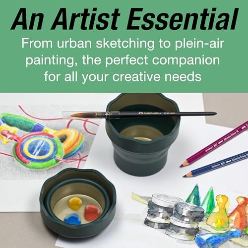 Faber-Castell Clic & Go Artist Water Cup, Dark Green - Travel-Friendly Collapsible Brush Cleaner Tool with Brush Stand, Scalloped Rim, Non-Slip Base, Portable Palette & Rinser