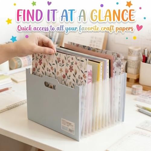 12x12 Scrapbook Paper Storage Organizer with 13 Expandable Pocket, Large Scrapbook Paper Storage for Craft Room Sticker Storage and Organization, Desktop Paper Holder (3 Pcs, Blue+Cream+Pink)