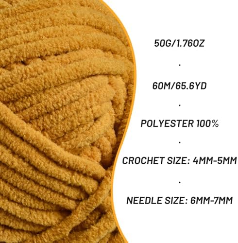 Plush Chenille Chunky Crochet Yarn - Baby Yarn for Crocheting Soft - Velvet Yarns Knitting for Blankets Crafts - Fluffy Amigurumi Yarns 50g / 65.6yd (Turmeric)