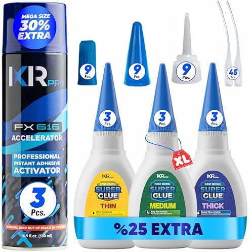 CA Glue with Activator, 9X Thin Medium Thick Glue Kit 3X 16.9oz Accelerator