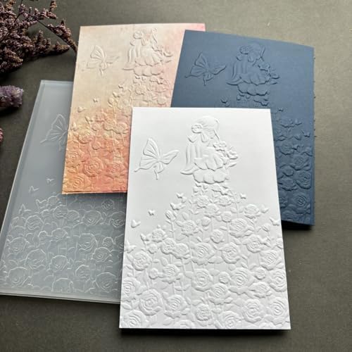 Girl Silhouette Rose Butterfly 3D Embossing Folder, Floral Fairy Textured Plastic Stencil for DIY Scrapbooking Wedding Card Making Paper Crafts