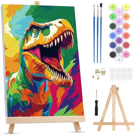 KEYIFA Paint by Numbers for Adults on Framed Canvas - with Wooden Easel, Colorful T-Rex Painting by Number Kit for Beginners, DIY Cartoon Acrylic Paint-by-Number Kits for Home Wall Decor (8x12 inch)