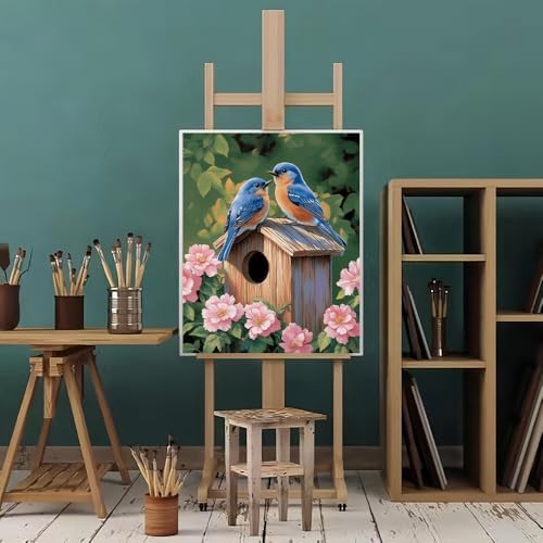Natuyalo Paint by Numbers Kit for Adults, Blue Birds Paint By Number Kits for Beginner Animals House Acrylic Painting Kit Adults' Paint-by-Number Kits for Gift Home Wall Decor 16x20 inch