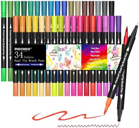 Piochoo Coloring Markers Pens, 34 Dual Tip Brush Pens, Fine Point Marker set for Adult Coloring Book, Bullet Journaling, Drawing