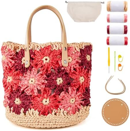 Noocro Crochet Kit for Intermediate or Advanced Level, Floral Raffia Bucket Bag, Purse, Step by Step Video Tutorial, Detailed Instruction Complete Kit Craft Supplies Holiday Gift (Rosy Bloom)
