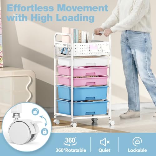 5 Drawer Rolling Storage Cart with Pegboard Top and Hooks, Pink&Blue