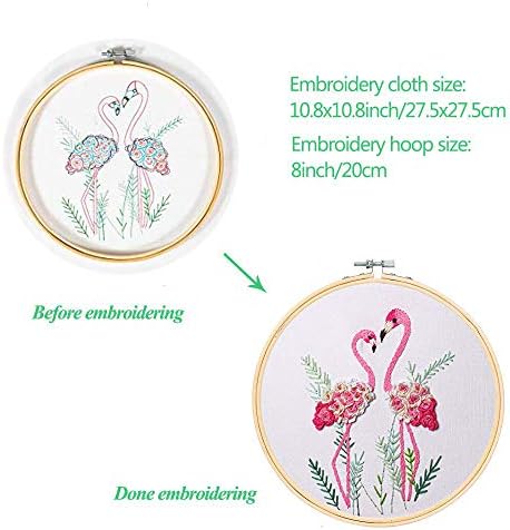 Konrisa Flamingo Embroidery Kit for Beginners with Pattern Floral Stamped Full Range of Embroidery Starter Kit for Adults Cross Stitch Kit with Embroidery Cloth, Hoops, Color Thread and Tools,Set of 2