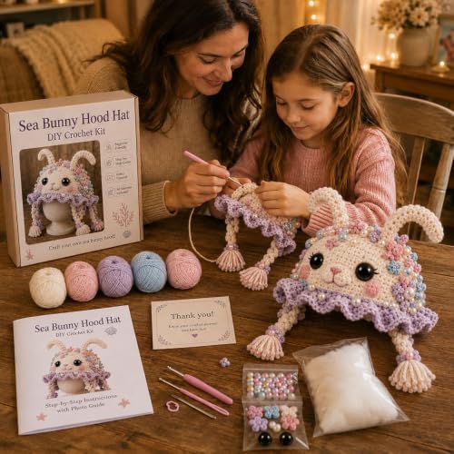 Ocean Series Hood Hat DIY Crochet Kit, Create Your Own Ocean Inspired Character Hood, Handmade Art Crafts for Beginners Adults, Fun Creative Gift for Crochet Lovers，Hermit Crab (Hermit Crab)