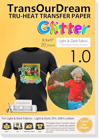 TransOurDream Heat Transfer Paper for Dark T Shirts (Glitter, 20 Sheets, 8.5x11") Iron on Transfers Paper for Dark Fabric Printable Heat Transfer Vinyl for Inkjet Printer