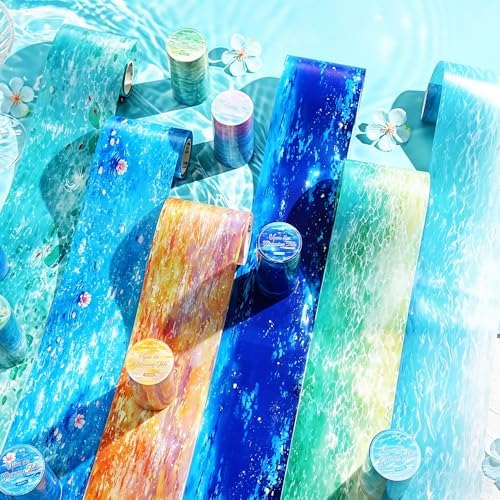 6 Rolls PET Tape for Scrapbooking Water Wave Tape Journaling Stickers Water Ripple Landscape Transparent Scrapbook Washi Tape Aesthetic Set Seaside Beach Planner Junk Journal Decorative PET Tapes