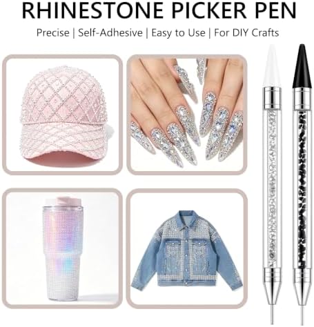 LIGHT RAIN Rhinestone Picker Tool - 2pcs Dual-head Bedazzling Pen with 4 Wax Tips, 8pcs Clay, Adjustable Precision Tweezers, 1400pcs Rhinestones and 2pcs Organizer Tray Kit for Nail Art