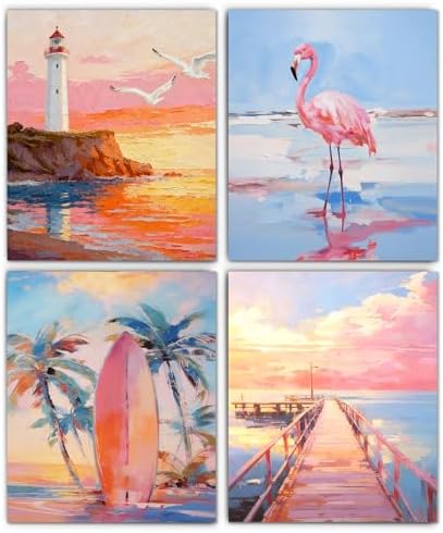XUNLURY Pastel Nautical Coastal Diamond Art Kits 4 Pcs, Tropical Beach Sunset Flamingo Diamond Painting Kits for Adults Girls Beginners, Full Drill Diamonds Dots for Home Decor, 9.8x11.8 Inch