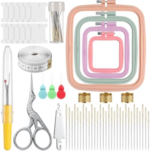 Rivvlive 85 Pcs Square Cross Stitch Supplies Embroidery Kit for Beginners with Square Cross Stitch Hoops Needles Scissors Floss Bobbins Seam Ripper for Adults, Embroidery Tools DIY Supplies
