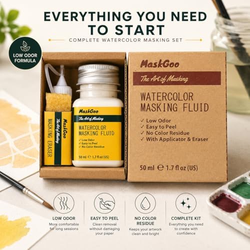 Watercolor Masking Fluid Set with Low Odor Formula, 50ml (1.7 fl oz), Applicator & Eraser