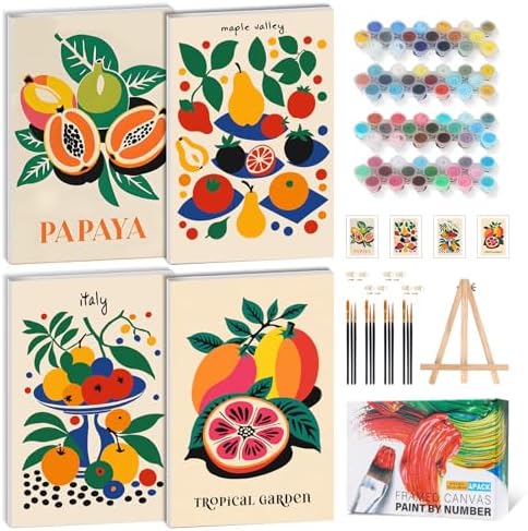 4 Pack Framed Paint by Numbers Kit for Adults, Tropical Fruit, 8 x 12 Inch | DIY Acrylic Painting by Numbers for Beginners, with Wooden Easel, Kitchen Home Wall Decor, Stress Relief Craft Gift