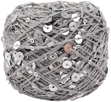 Shimmering Sequin Cotton Yarn 153yard Sparkling Thread Crochet Strings for Headband Beanie Knitting Sweater Weaving DIY Stitch Winter Accessories Rag Doll (Grey)