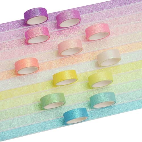 Glitter Washi Tape Set 12 Rolls Sparkling Foil Decorative Sprinkle Colored Masking Tapes for Arts, DIY Crafts, Journals, Planners, Scrapbook, Wrapping (12 Colors)