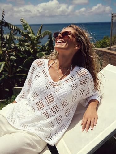 Womens Crochet Top Summer 3/4 Sleeve Cover Up V Neck Boho Tops