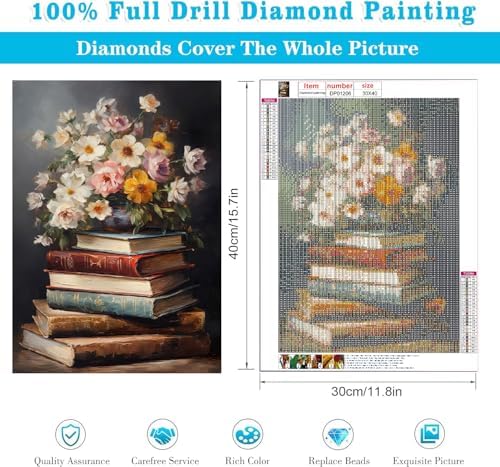 RYMILIE Diamond Art Kits for Adults Vintage Flowers and Books 12x16inch | 5D Stress Relief Diamond Painting Kit for Beginners, DIY Full Square Gem Art Crafts for Home Wall Decor Gift