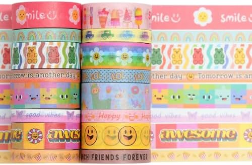 Cute Cartoon Washi Tape Set 16 Rolls Bright Colors Kawaii Masking Graphic Decorative Tapes for Arts, DIY Crafts, Journals, Planners, Scrapbook, Wrapping
