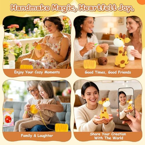 Beginner Crochet Kit for Making Adorable Giraffe - Complete DIY Craft Kit with Yarn, Hooks, and Video Tutorial - Ideal Arts and Crafts for Adults, Room Decor Gift