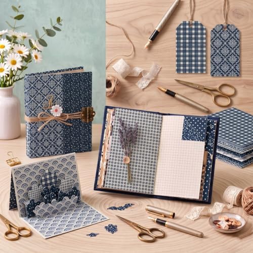 Gingham Scrapbook Paper 12x12 Blue,24 Sheets Double-Sided Bohemian Floral Patterned CardStock Paper Pad Boho Tone Decorative Craft Papers for Holiday Cardmaking DIY Origami Papers.