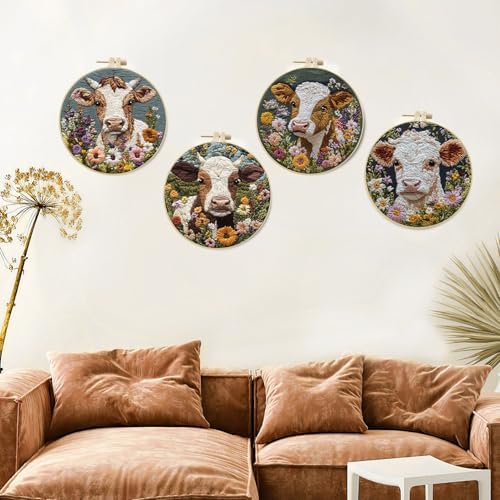 LB 4 Pack Farmhouse Cow Embroidery Kit for Beginners Rustic Floral Plant Beginner Embroidery Kit for Adults DIY Starter Kit with Embroidery Hoop Colorful Threads Tools and Instructions