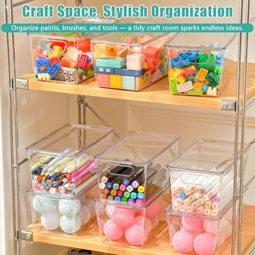 6 Pack Small Clear Storage Bins with Lids, Acrylic Arts and Craft Storage Containers, Stackable Clear Plastic Craft Storage Bins with Handles for Classroom Storage Organization,Kitchen, Fridge, Office