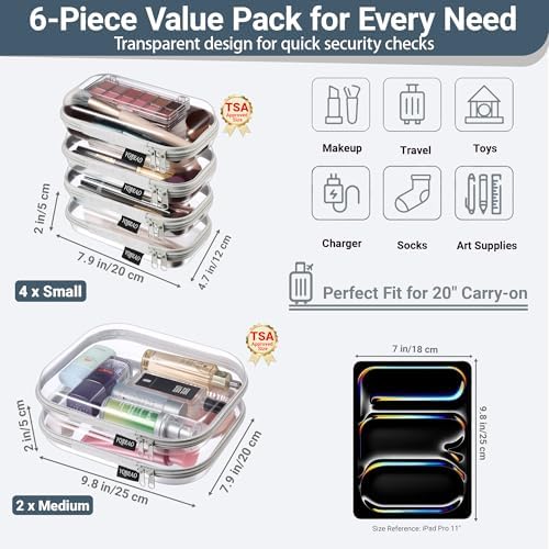YQBRAO Clear Hard Shell Zipper Cases, 6 Travel Organizers, 2M 4S, Grey
