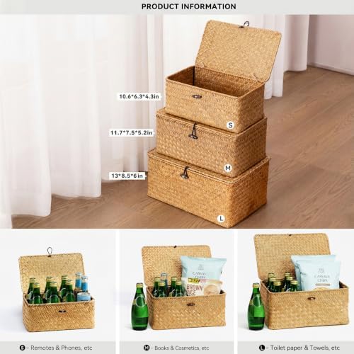 Nonam Wicker Storage Basket with Lid,Seagrass Shelf Basket Set of 3,Nautral