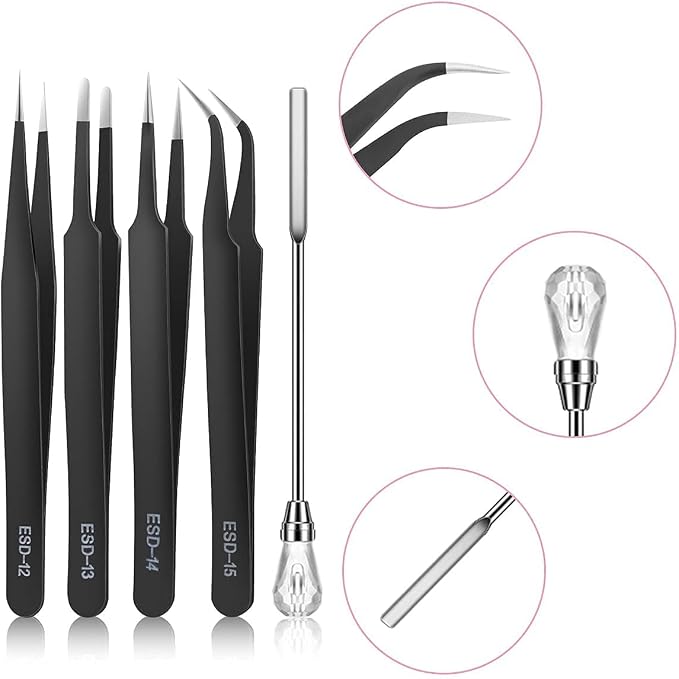 11 Pcs Silicone Resin Mold Tools Set Stirring Needle Spoon Tool Tweezers Precision Kit, Anti-Static Electronics Tweezers Set for Resin Art Crafts,Jewelry Making(Rose Red+White)