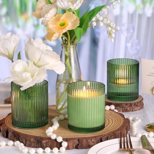 Green Candle Jars with Lids, 8-Pack 12oz Ribbed Glass Candle Containers