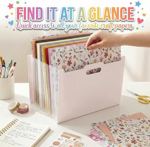 12x12 Scrapbook Paper Storage Organizer with 13 Expandable Pocket, Large Scrapbook Storage for Craft Room Organization, Sticker Storage, Desktop Paper Holder (Pink)