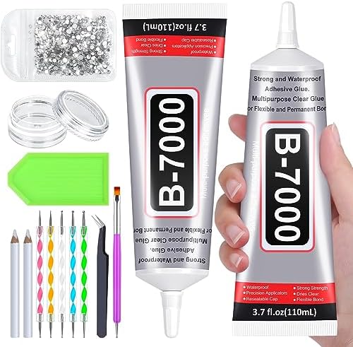 B7000 Glue Clear with Precision Tip, 2Pcs 110mL Jewelry Bead Gem Glue, Strong Adhesive Bedazzling Glue with Silver Rhinestones, Dotting Pen Tool for Jewelry Making Fabric Clothes Shoes DIY Crafts