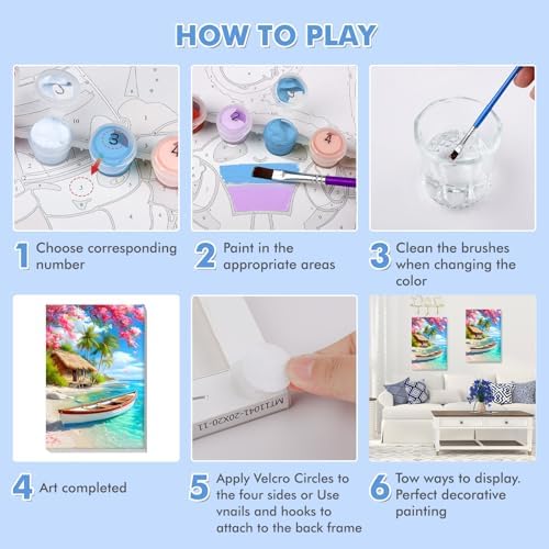 Bowetile Framed Landscape Paint by Numbers Kit for Adults, Adults' Paint-by-Number Kits on Canvas, Painting by Numbers Seaside, Acrylic Boat Number Painting for Home Wall Decor, 8x12in