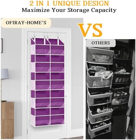 Over The Door Organizer 5 Tiers, Extra Large Behind Door Storage of 10 Compartments, 80 lbs Weight Capacity Hanging Storage Organizer with Clear Window Kids Toys,Shoes,Diapers,Room Storage,Purple