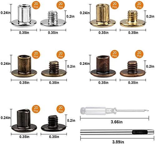 Siziviki 100 Sets Chicago Screws for Leather Crafting, 5 Colors 7/20 Inch