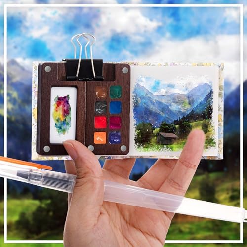 Qilery Mini Portable Watercolor Palette Set Wooden Grid Paint Box Watercolor Paper Sketch Book Brush Pens with Binder Clip for Painters Artist Not Include Paint(Winter Jasmine)