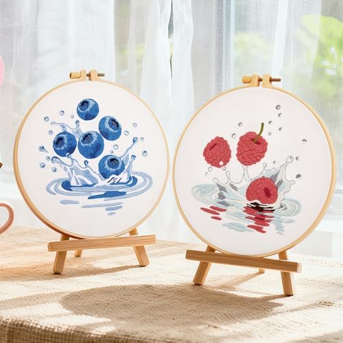 Armindou 2Set Embroidery Kits with Fruit Pattern for Beginners Adults, Hand Embroidery Needlepoint DIY Kits, Stamped Cross Stitch Kits for Beginners Adult, 2 Embroidery Hoops (Attached Video Tutorial)