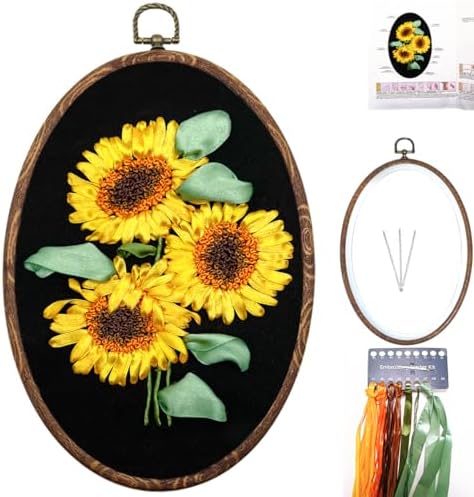 FONNUY Ribbon Embroidery 3D Flowers Pattern Design Kit Embroidery DIY Handwork Set Oval Home Decoration (Sunflower)