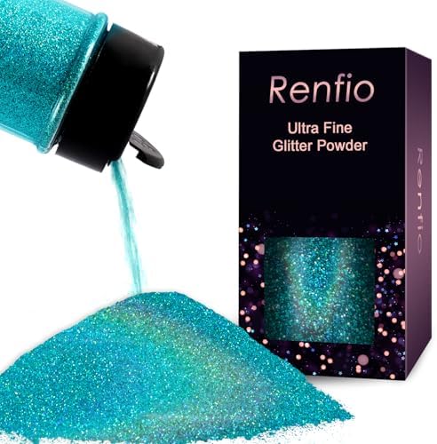 Renfio Holographic Ultra Fine Blue Glitter Powder Metallic Resin Glitter | 2.11 Oz (60g) PET Flakes Crafts Sequins 1/128" 0.008" 0.2mm Epoxy Chips Flakes for Tumblers Roses Slime-Laser Light Teal Blue