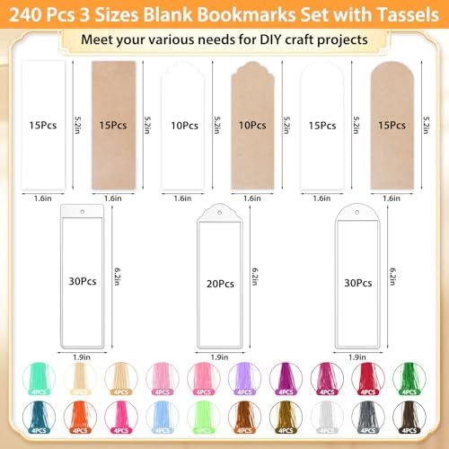 240 Pcs Kraft Paper Blank Bookmarks, 3 Sizes 2 Colors Bookmark Making Kit with 80 Pcs Clear Bookmark Sleeves & 80 Pcs Colorful Tassels, Paper Book Mark Bulk for DIY Crafts, Gift Tags, School Projects